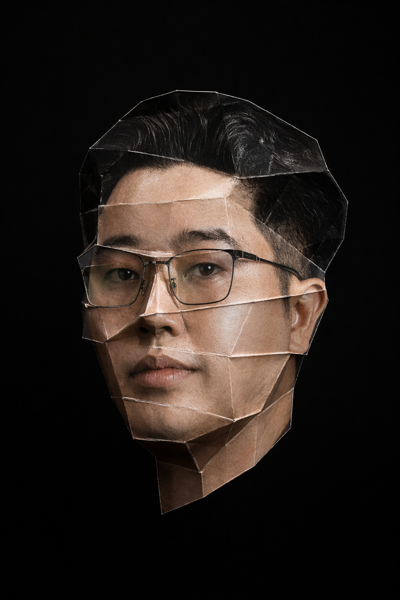 A portrait of Nate sculpted from folded paper photographs